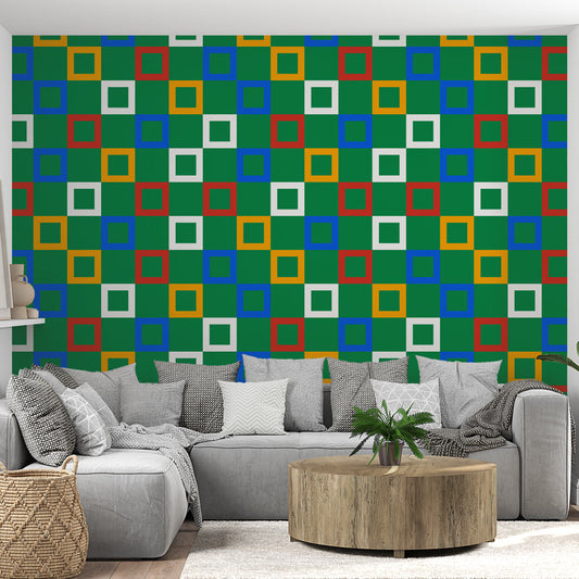 Papier Peint Géométrique Motif Carré Multicolore sur Fond Vert Autocollant