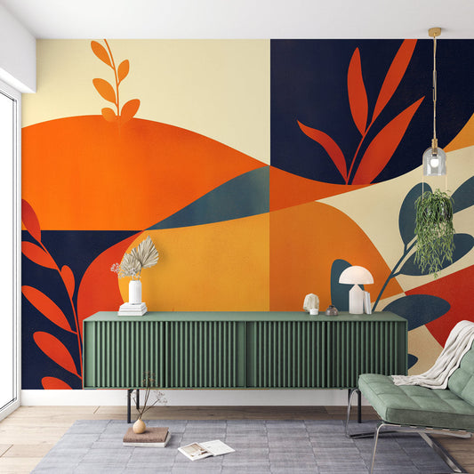 Papier Peint Abstrait Motif Géométrique Botanique Orange et Marine Autocollant