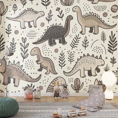 Papier Peint Dinosaure Motif Préhistorique Beige et Gris Autocollant