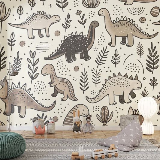 Papier Peint Dinosaure Motif Préhistorique Beige et Gris Autocollant