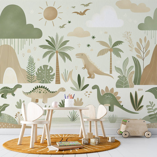 Papier Peint Dinosaure Paysage Préhistorique Vert Sauge et Beige Autocollant