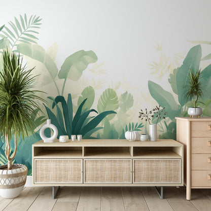 Papier Peint Jungle Feuillage Tropical Aquarelle Vert Sauge Autocollant