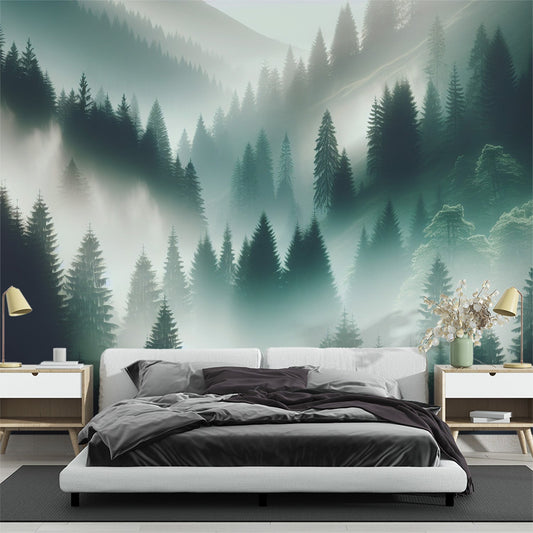 Papier Peint Forêt Pins Majestueux dans la Brume Matinale Autocollant