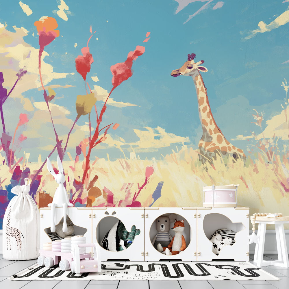 Papier Peint Savane Girafe Aquarelle et Fleurs Sauvages Autocollant