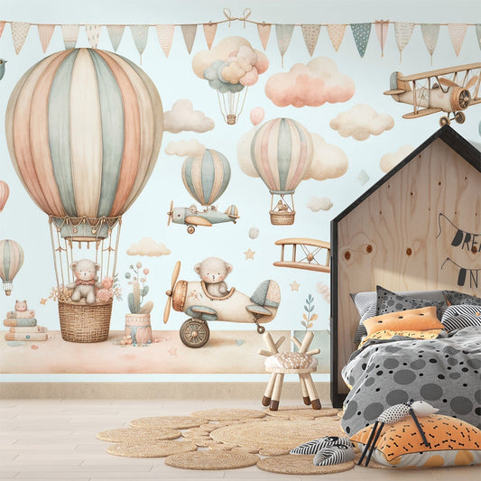 Papier Peint Montgolfière Voyage Aérien avec Oursons en Aquarelle Autocollant