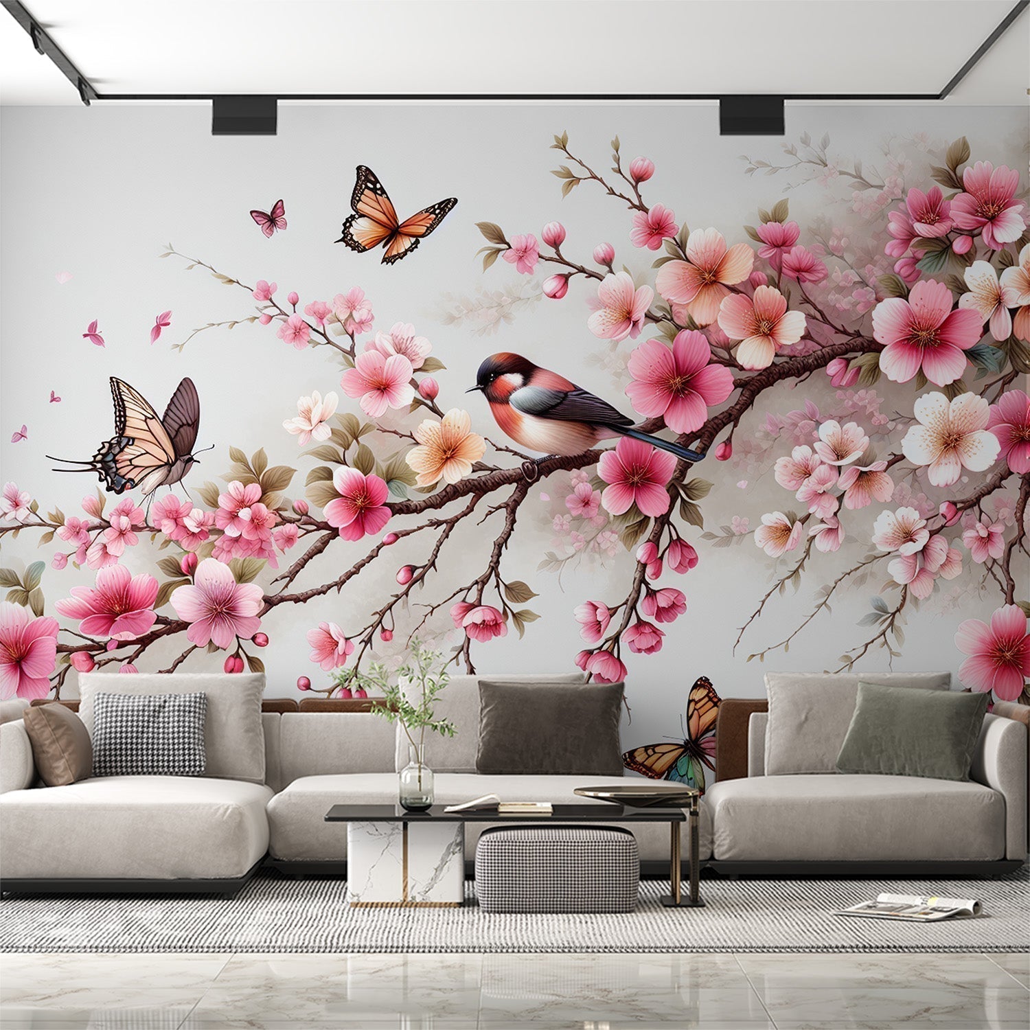 Papier Peint Cerisier Japonais Fleurs et Papillons sur Branche Autocollant