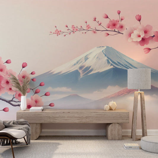 Papier Peint Japonais Cerisiers en Fleurs et Mont Fuji Autocollant