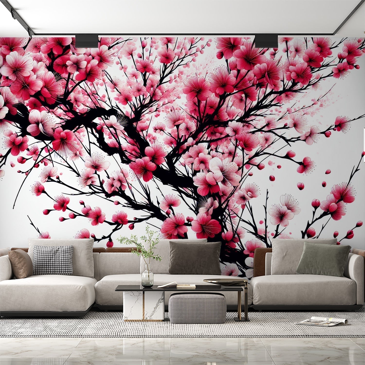 Papier Peint Japonais Cerisiers en Fleurs Sakura Rose et Noir Autocollant