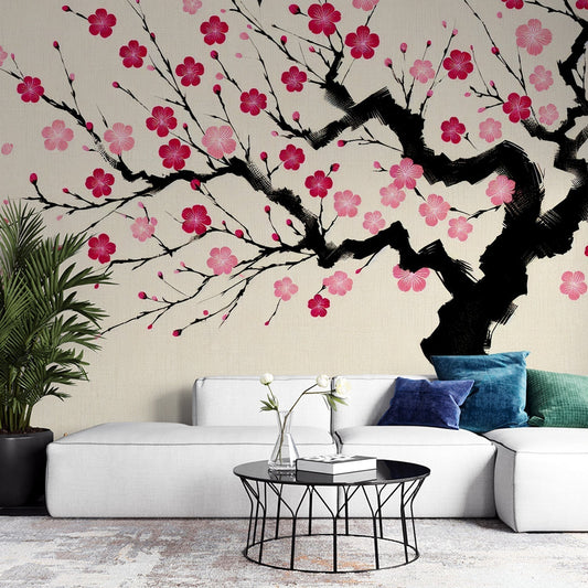 Papier Peint Japonais Cerisier en Fleurs Style Encre de Chine Autocollant