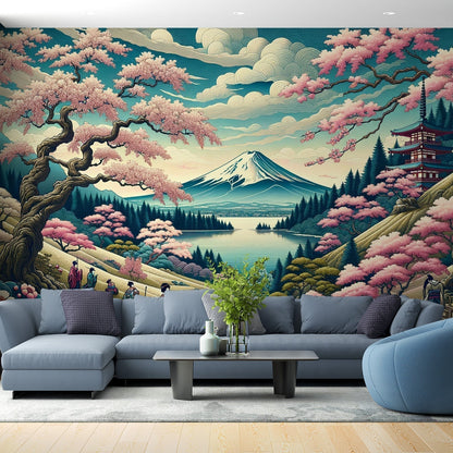Papier Peint Japonais Mont Fuji et Cerisiers en Fleurs Autocollant