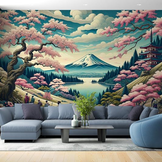 Papier Peint Japonais Mont Fuji et Cerisiers en Fleurs Autocollant
