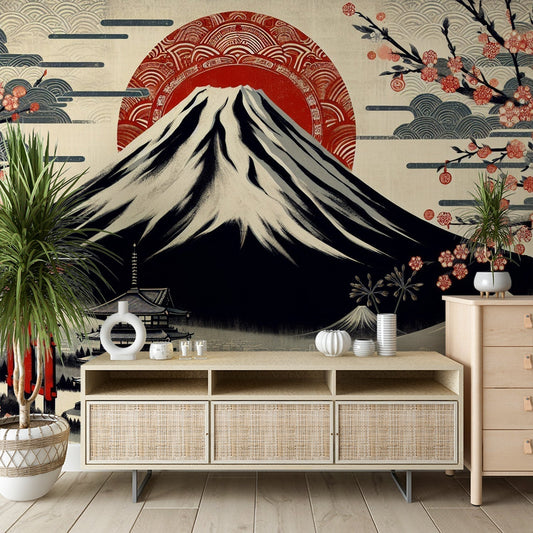 Papier Peint Mont Fuji Art Japonais avec Cerisiers en Fleurs Autocollant
