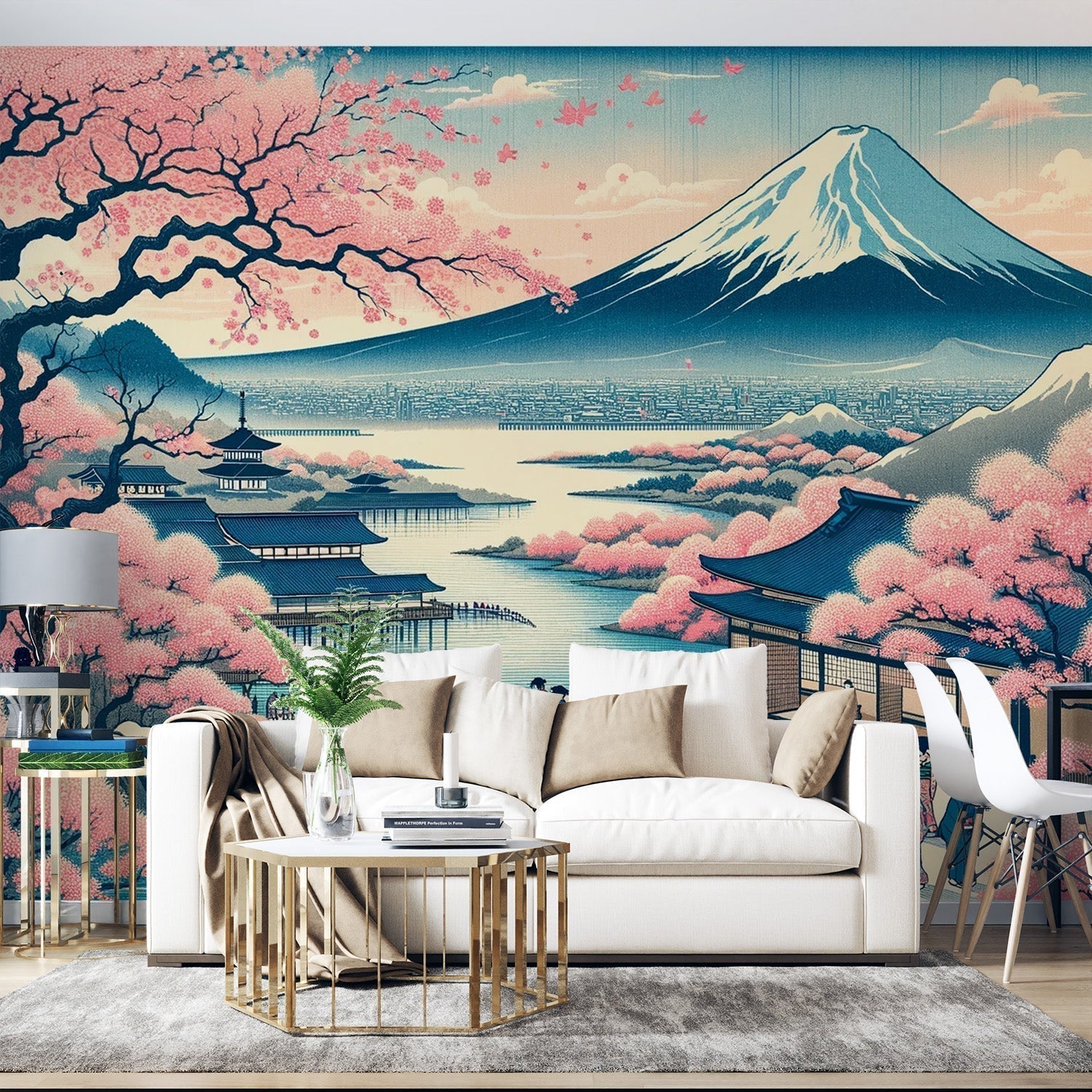 Papier Peint Japonais Mont Fuji et Cerisiers en Fleurs Autocollant