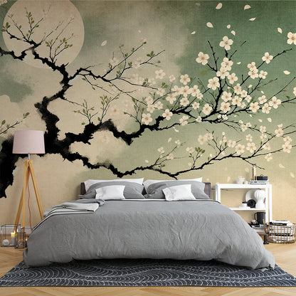 Papier Peint Japonais Cerisier en Fleur sous la Lune Autocollant