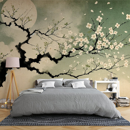 Papier Peint Japonais Cerisier en Fleur sous la Lune Autocollant