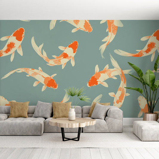 Papier Peint Japonais Carpes Koï Orange et Crème sur Fond Vert Sauge Autocollant