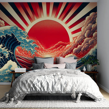 Papier Peint Japonais Grande Vague et Soleil Levant Style Ukiyoe Autocollant