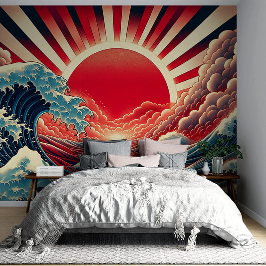 Papier Peint Japonais Grande Vague et Soleil Levant Style Ukiyoe Autocollant