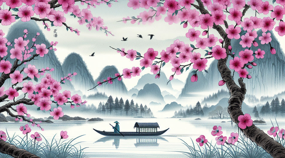 Papier Peint Japonais Paysage Cerisiers en Fleurs et Montagnes