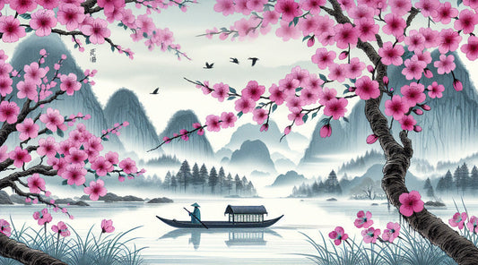 Papier Peint Japonais Paysage Cerisiers en Fleurs et Montagnes