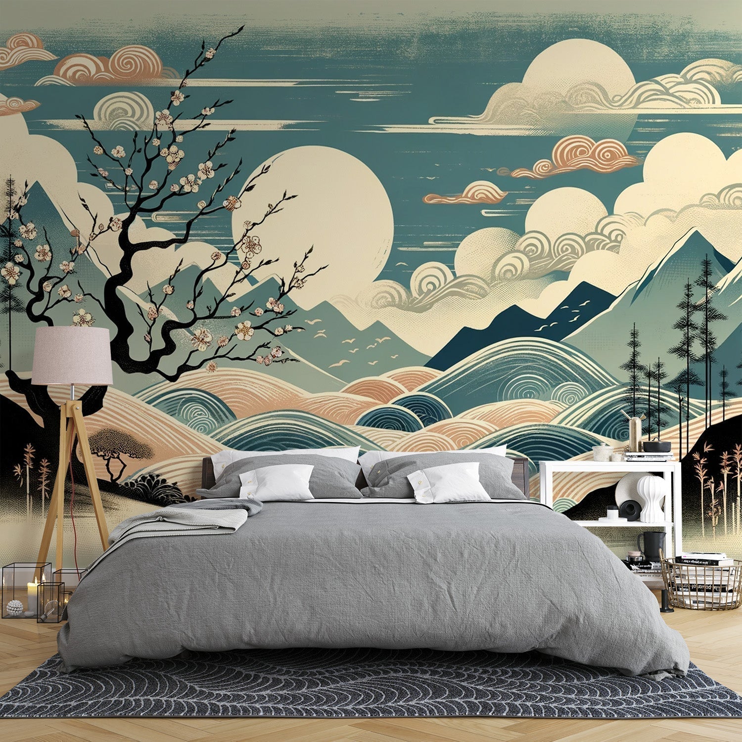 Papier Peint Japonais Paysage Montagne et Cerisier en Fleurs Autocollant