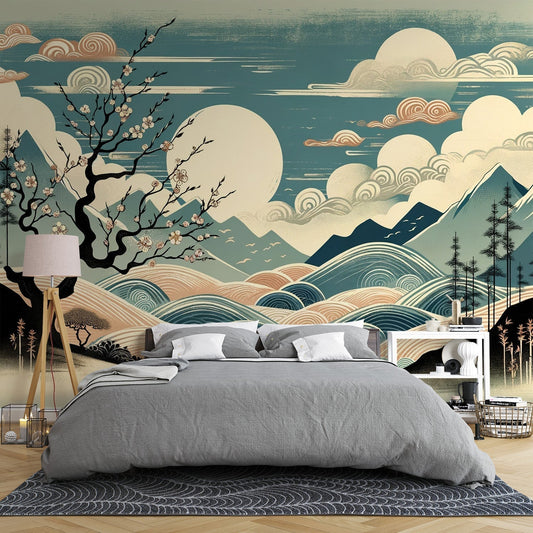 Papier Peint Japonais Paysage Montagne et Cerisier en Fleurs Autocollant