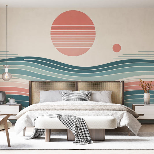 Papier Peint Japonais Vagues Minimalistes et Soleil Corail Autocollant