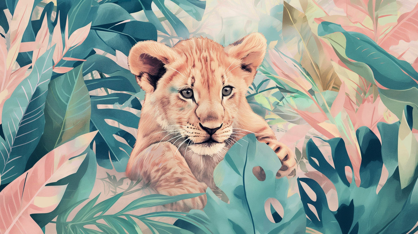 Papier Peint Lionceau Jungle Tropicale Rose et Turquoise