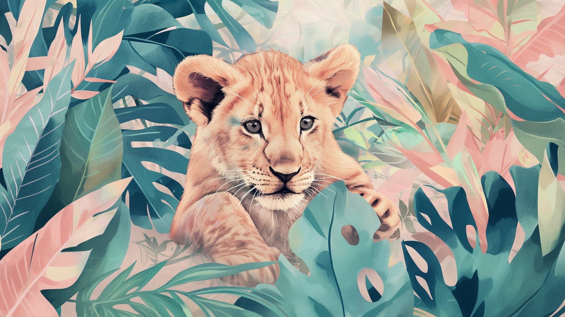 Papier Peint Lionceau Jungle Tropicale Rose et Turquoise