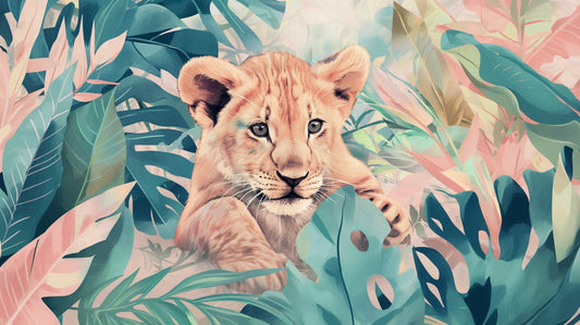 Papier Peint Lionceau Jungle Tropicale Rose et Turquoise