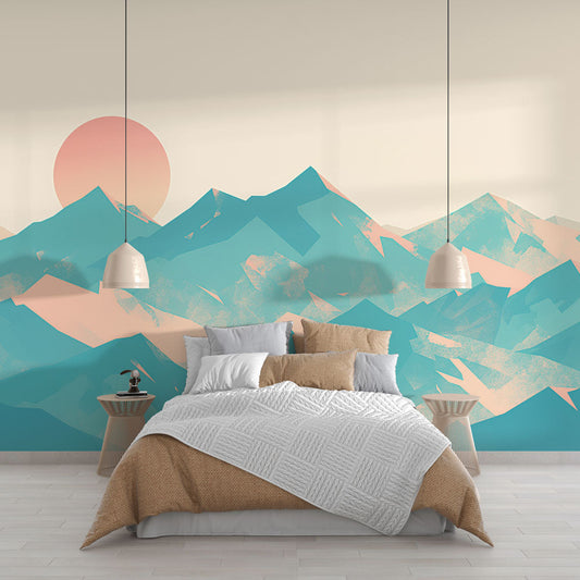 Papier Peint Montagne Paysage Abstrait Turquoise et Corail Autocollant