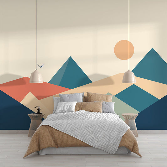 Papier Peint Montagne Paysage Géométrique Minimaliste Terracotta et Bleu Autocollant