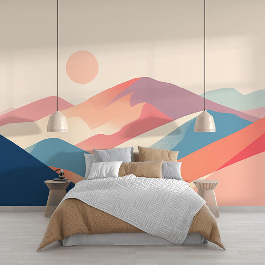 Papier Peint Montagne Paysage Abstrait Coucher de Soleil Pastel Autocollant