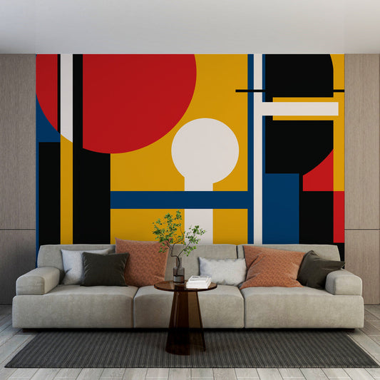 Papier Peint Géométrique Design Bauhaus Rouge et Jaune Autocollant