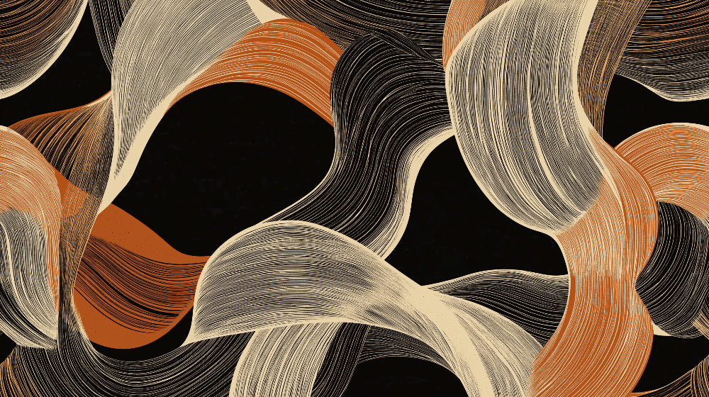 Papier Peint Abstrait Vagues Terracotta et Lignes Fluides sur Fond Noir