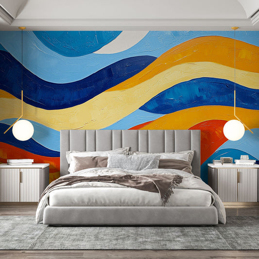 Papier Peint Abstrait Vagues Dynamiques Bleu et Orange Autocollant