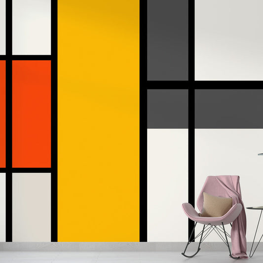 Papier Peint Géométrique Style Mondrian Jaune et Orange Autocollant