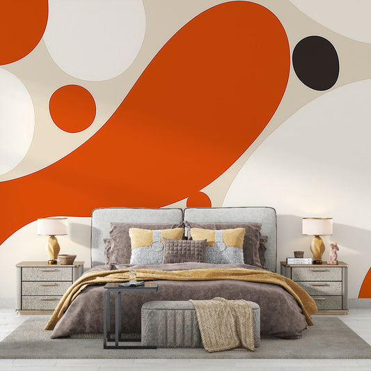 Papier Peint Abstrait Cercles Géométriques Orange et Noir Autocollant