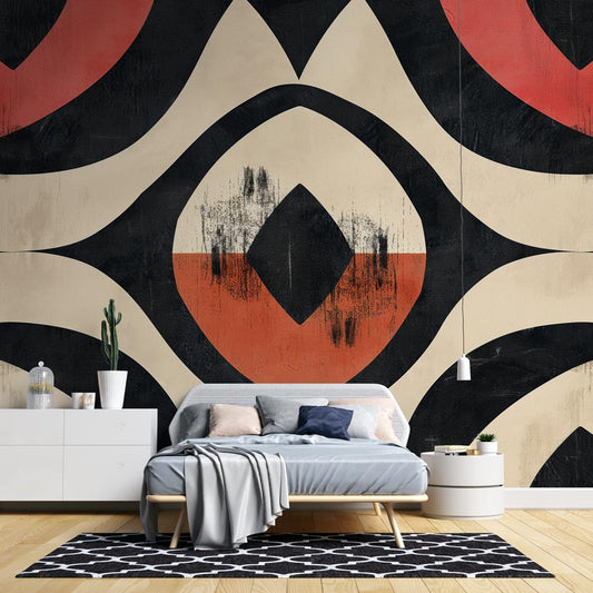 Papier Peint Géométrique Motif Art Déco Noir et Terracotta Autocollant