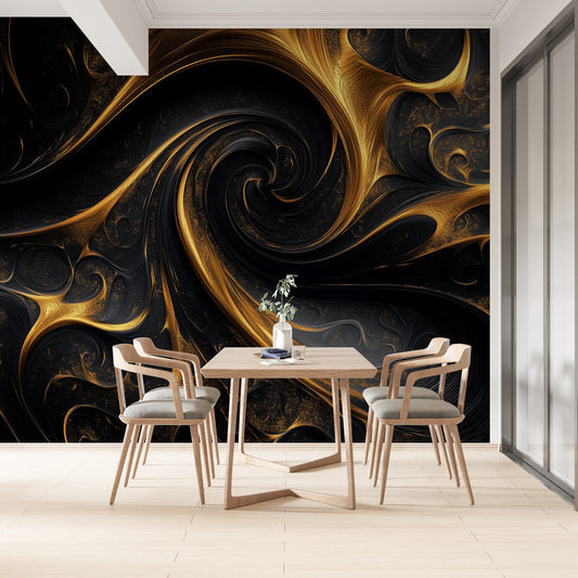 Papier Peint Abstrait Spirales Or et Noir Design Luxueux Autocollant