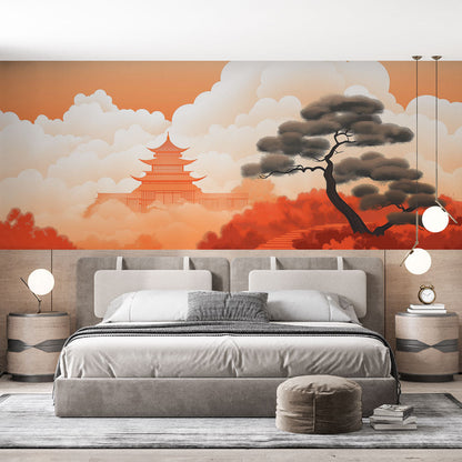 Papier Peint Japonais Pagode et Pin au Coucher du Soleil Autocollant