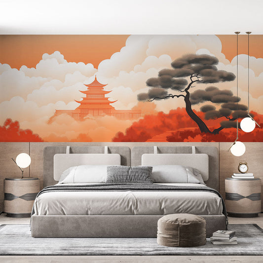 Papier Peint Japonais Pagode et Pin au Coucher du Soleil Autocollant