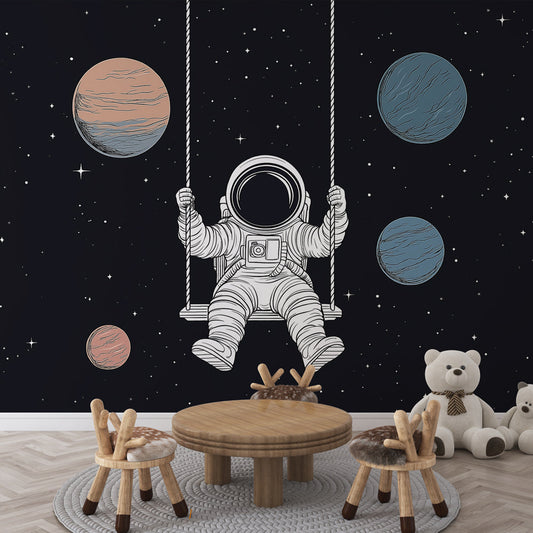 Papier Peint Astronaute Balançoire Spatiale avec Planètes Autocollant