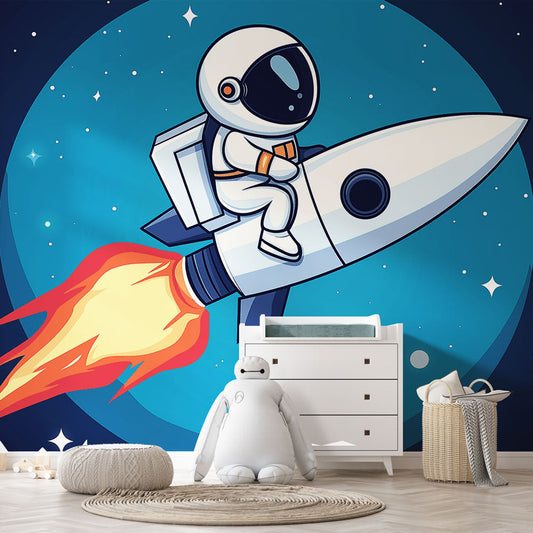 Papier Peint Espace Astronaute sur sa Fusée dans les Étoiles Autocollant