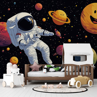 Papier Peint Espace Astronaute et Planètes Souriantes dans lUnivers Autocollant