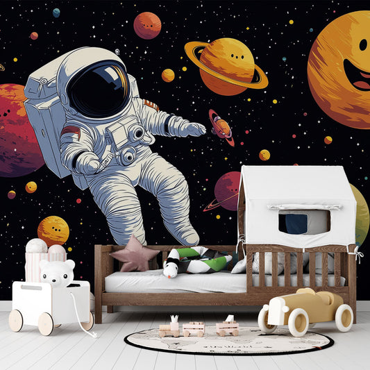 Papier Peint Espace Astronaute et Planètes Souriantes dans lUnivers Autocollant