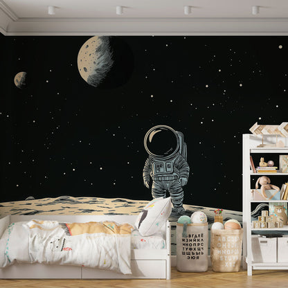 Papier Peint Espace Astronaute sur la Lune avec Ciel Étoilé Autocollant