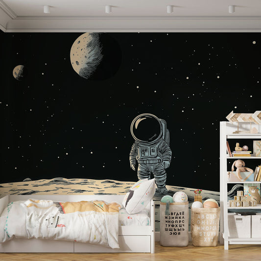 Papier Peint Espace Astronaute sur la Lune avec Ciel Étoilé Autocollant