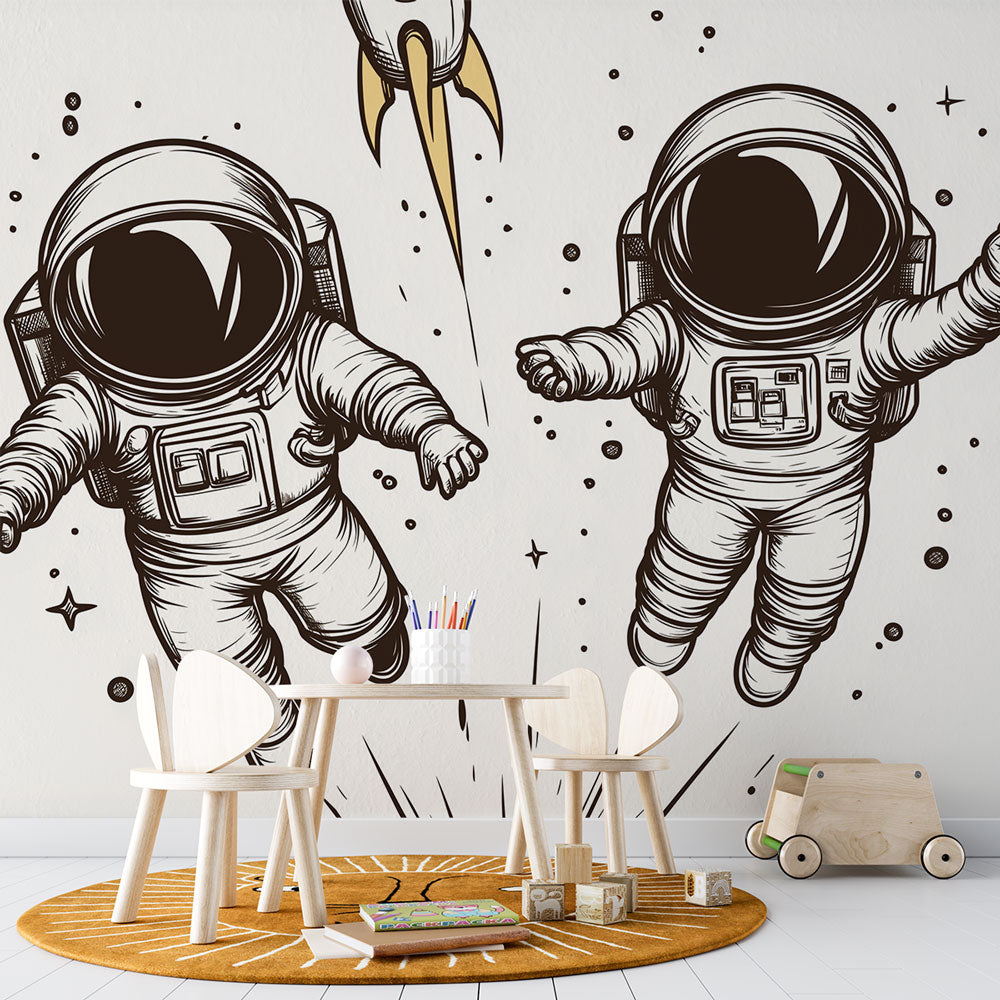 Papier Peint Astronaute Design Graphique Noir et Blanc avec Fusée Dorée Autocollant