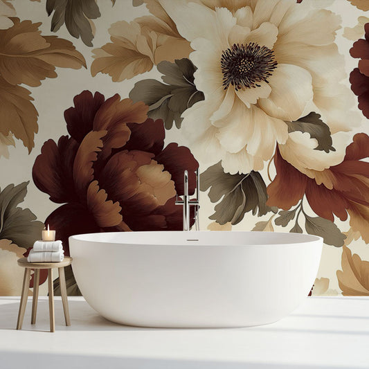 Papier Peint Fleuri Vintage Fleurs Majestueuses Bordeaux et Crème Autocollant